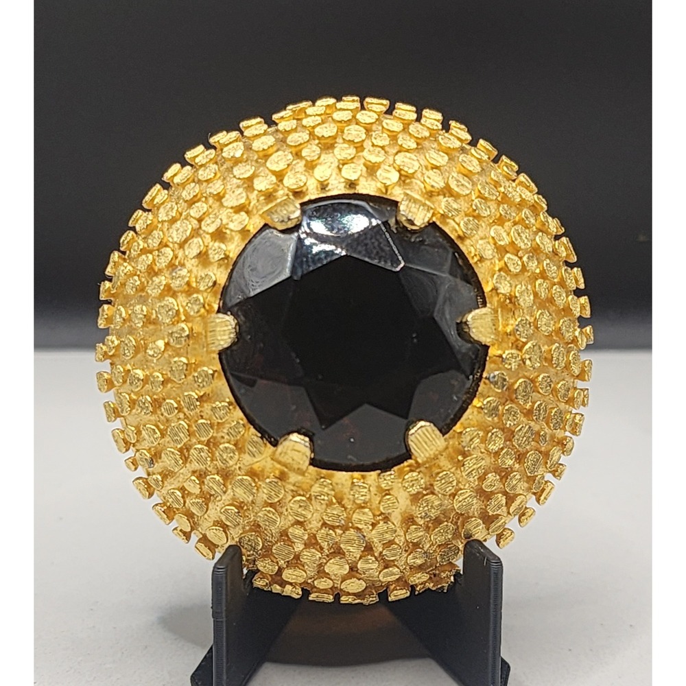 Vintage Gold Tone Textured Dome Brooch Smoky Brown Faceted Crystal Statement